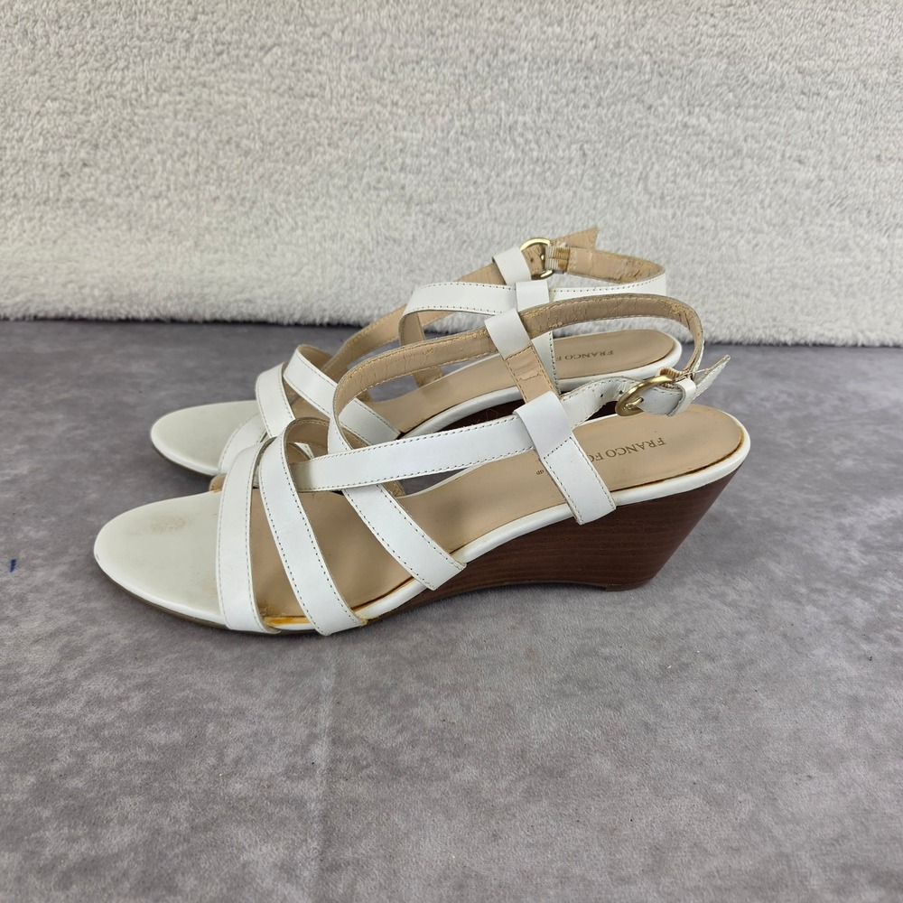 Franco Fortini Womens White Strappy Wedge Sandals Size 10 Buckle Ankle Strap
